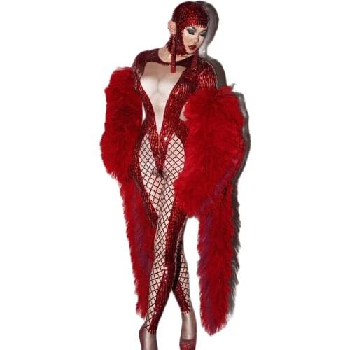 Sexy Red Perspective Gauze Jumpsuits Shining Sequins Bright Silk Hat Fur Coat Party Evening Costume Club Clothing For Women