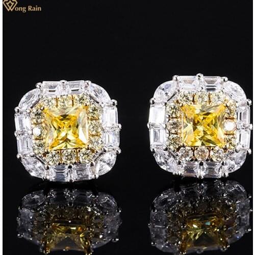Wong Rain Chic 100% 925 Sterling Silver Created Moissanite Citrine Gemstone Earrings Ear Stud Wedding Fine Jewelry Wholesale