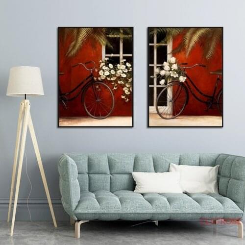 Nordic Poser Retro Bicycle With Flowers Painting Red Architectural Oil Canvas Art Wall Pictures For Living Room Home Decoration