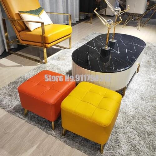 Light luxury leather sofa stool Pidun household shoe changing stool first layer cowhide footrest dressing room solid wood small