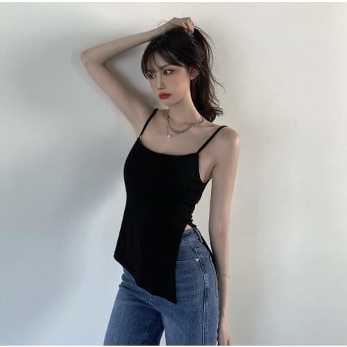 Top Women Basic Black Cami Sleeveless Tank Tops Summer 2021 Camisole Side Split Female Vest Fashion New Clothing hest pad