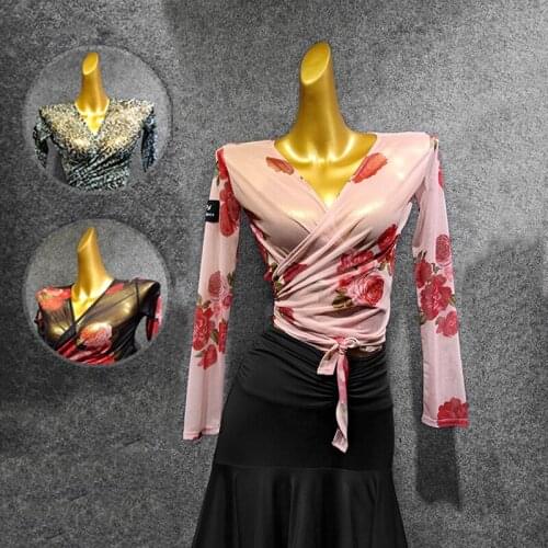 Latin Dance Tops Female Spandex Mesh Front And Back Wearing Long-Sleeved Shirts Adult Women Competitive Latin Tops VDB1117