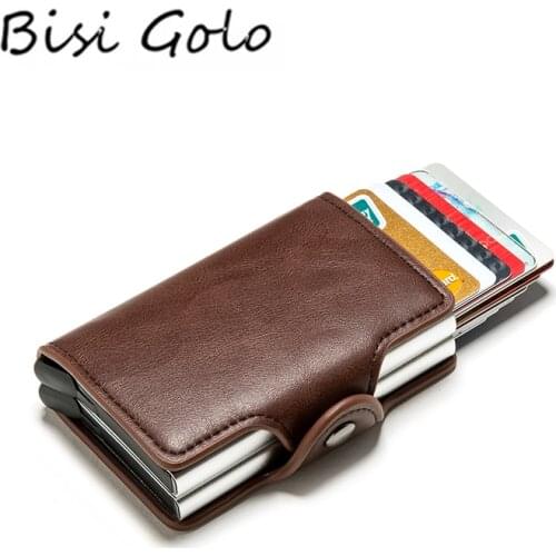 BISI GORO 2020 Smart Wallet Double Boxes Card Holder High Quality Metal Box RFID Blocking Anti-theft PU Leather Travel Money Bag