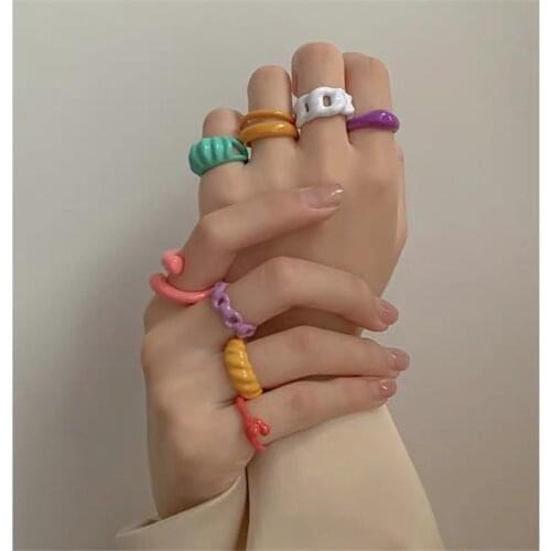 Vintage Colorful Geometric Rainbow Rings Cute Punk Rock Simple Blue Yellow Resin open Rings for Women Jewelry gift wholesale