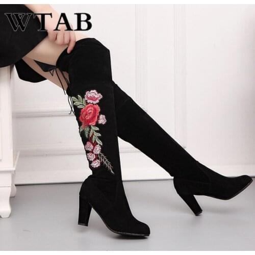 WTAB NEW autumn winter boots women shoes 2018 Plus Size Over-the-Knee high heels boots sexy lace up Flock Embroidery boot mujer
