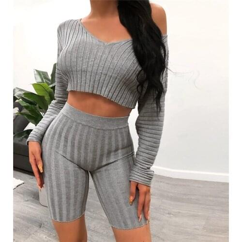 Women Autumn Knitted Top and Shorts Set 2 Pieces Sexy Club Deep V-neck Ladies Street Long Sleeve Knittwear Suit Home Suit