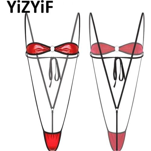 Women Sexy Summer Bikini Set Metallic Patent Leather Lingerie Suit Swimsuit Swimwear Summer Beachwear Lace-up Bra with G-string