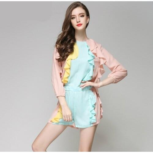 2020 Spring New Women Long Sleeve Bodycon Bandage Bodysuit Ruffle Summer Playsuit Jumpsuit Casual Short Contrast Romper Ladies