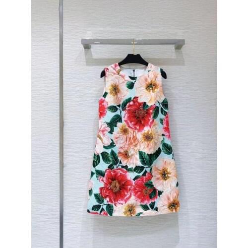 2021 Summer New Fashion Runway Mini Dress Womens Sleeveless Beading Tank Gorgeous Floral Printed Dress vestido
