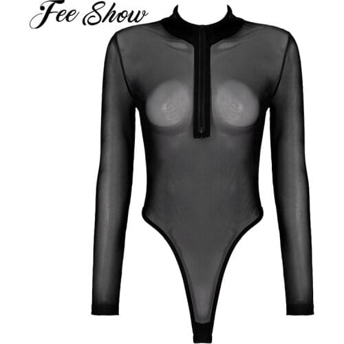 Women Long Sleeve See-through Mesh Teddies Bodysuit Skinny Jumpsuit Catsuit Mock Neck Zipper High Cut Leotard Lingerie Clubwear