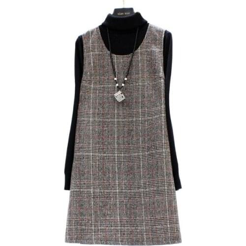 2020 Vintage Houndstooth Vest Dress Autumn Winter Korean Large Size Loose Thin Woolen Dress Mid-length Lattice Dress M841