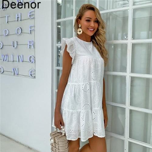 Deenor White Loose Mini Dress Women Ruffle Short Sleeve Hollow out Elegant Dresses Summer Bohemian Beach Boho Dress Lace Dress