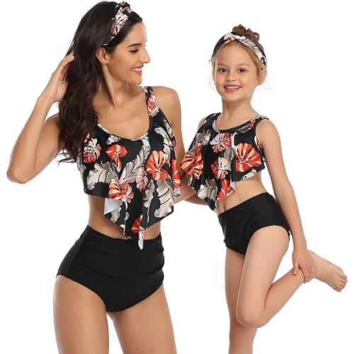 2021 Split Swimsuit Womens Printed High Waist Bikini Ruffle Parent Child Tankini Bohemia Flower Monther and Daughter Outsuits