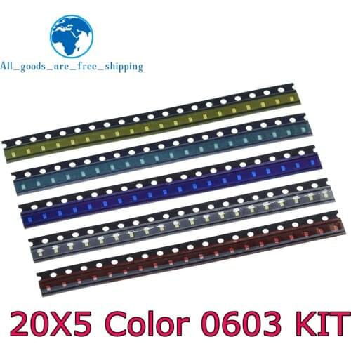 5 Colors x20 Pcs =100pcs SMD 0603 LED DIY Kit Super Bright Red/Green/Blue/Yellow/White Water Clear LED Light Diode Set