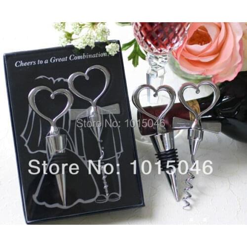Free shipping 2 Sets(4pcs) Bride &Groom Bottle Stopper And Opener Two Hearts Wine Favor Set Wedding Favor Wedding Gifts