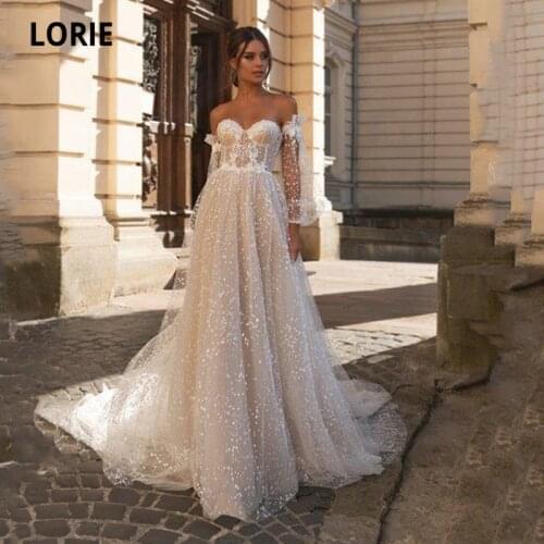 LORIE Glitter Wedding Dresses Puff Sleeves Off Shoulder Long Train Custom Made Boho Wedding Gown Bridal Dress robes de mariage
