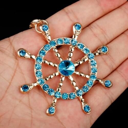 Full Rhinestone Pendant Keychain Crystal Rudder Shape Helm Sailing Keyring Fashion Gifts for Seamen Sailor