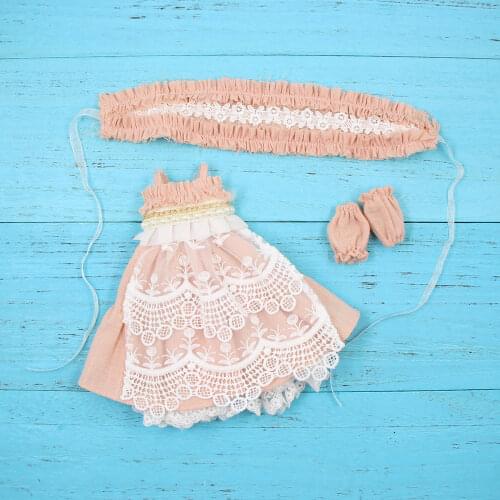 DBS Outfit for 1/6 ICY Blyth doll pink dress with pearl oversleeve and the headband Vintage clothes bjd toy girl gift