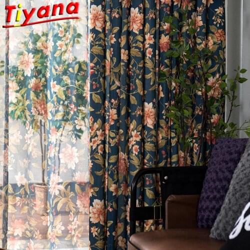 European Pastoral flowers Curtains for Living Room Dark Blue Floral Semi-blackout Window Drapes Polyester Cotton Panels#VT