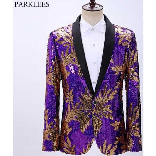 Purple Floral Sequin Giltter Suit Blazer Men Shawl Collar Slim Fit Tuxedo Blazers Mens Wedding Party Prom Singer Costume Homme