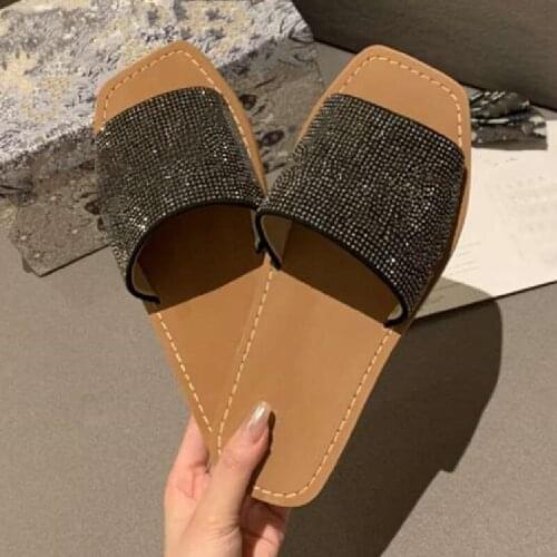 Summer Women Shoes Ladies Concise Slippers Beach Chaussure Fashion Solid Colors Femme Flat Squared Toe Female Crystal Slides