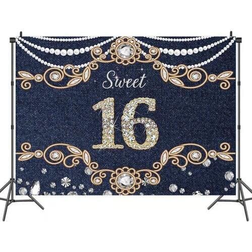 Happy Birthday 16 Year Old Sweet Navy Blue Backdrops Photo Background House Decorations for Teenager Party Photography Props