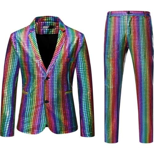 Rainbow Plaid Sequin Suits Men Dancer Stage Performance Blazer With Pants Disco Festival Party Wedding Groom Tuxedo Costume