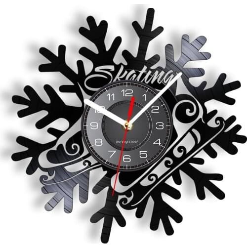 Ice Skating Inspired Wall Clock Made Of Real Record Snowflake Ice Skates Skiing Modern Laser Cut Longplay Wall Watch Skiers Gift