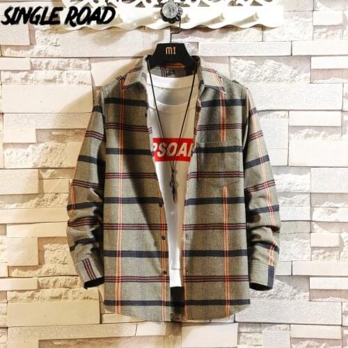 Single Road Mens Shirt Men 2021 Spring Plaid Shirt Long Sleeve Shirt Harajuku Blouse Korean Casual Vintage Khaki Shirts For Men