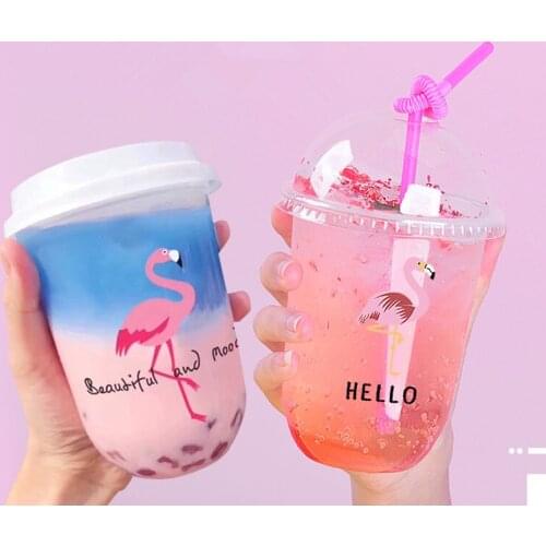 Disposable fat u-shaped pattern creative transparent milk tea plastic cup coffee drink juice beverage packaging cups with lid