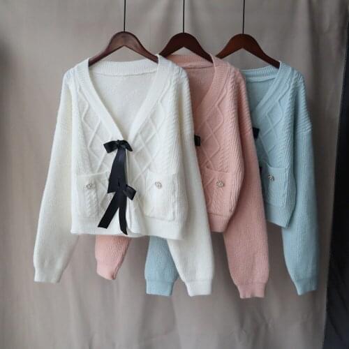 2021 autumn winter new bow design sense knitted cardigan sweet Japanese versatile sweater jacket gentle short