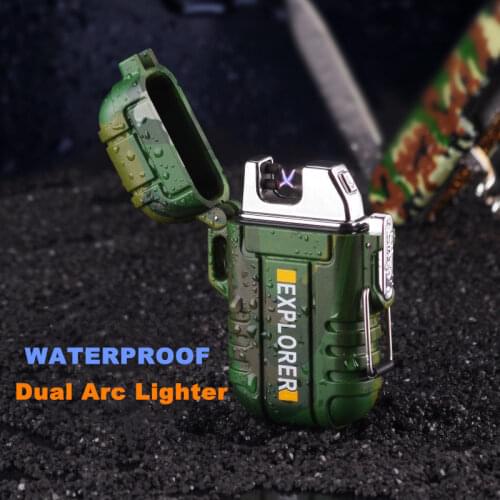 Outdoor Waterproof Dual Arc USB Electronic Lighter Strong Lanyard Cigarette Lighter Safety Buckle Camping Emergency Tools