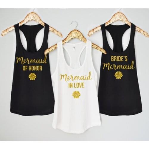 Personalize gold Mermaid beach wedding Bride Bridesmaid t shirts Matron of honor Bachelor party bridal tanks tops gifts favors