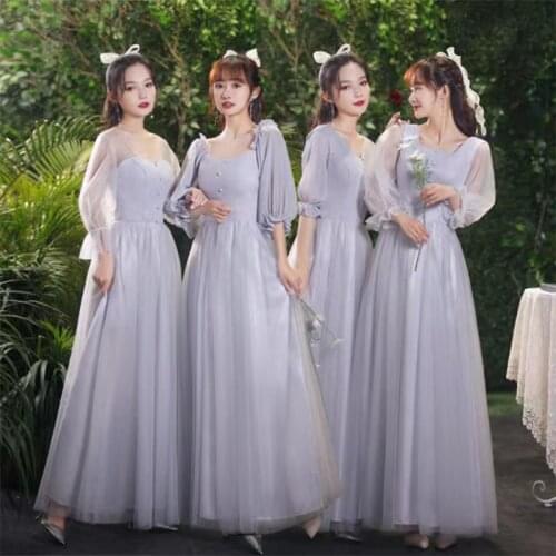 Bridesmaids Dresses Illusion V-Neck Half Luxury Gray Tulle Lace Floor-Length Button A-Line Vintage Women Wedding Party Gown E559