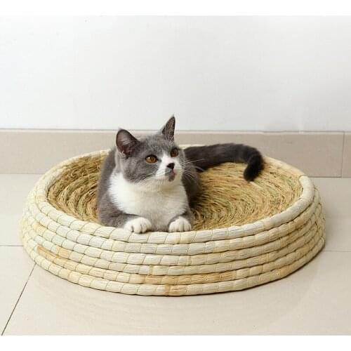 Pet Straw Braided Bed Nest Kitten Scratching Grinding Claw Pets House Cushion Pad Naturally Straw Woven Kennel Sleeping Mat