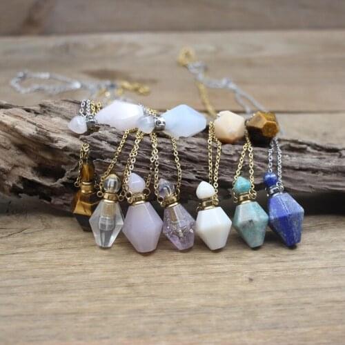 Lemon Quartz Perfume Bottle Pendants Amethysts Agates Rose Quartzs Essential Oil Vial Charms Chains Fashion Women Jewelry QC1098