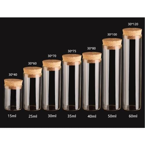 1PCS 15/20/25/30/35/40/50/60/80/110ml Glass Clear Bottles With Cork Stopper Glass Vials Jars Storage Bottles Test Tube Jars