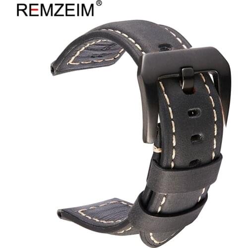 REMZEIM Watch Accessories Watch Strap 20mm 22mm 24mm 26mm Vintage Cow Leather Watch Band With Silver Black Soild Buckle
