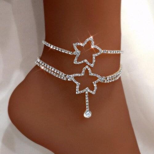 Silver Color Hollow Crystal Star Heart Pendant Anklets For Women Bling Rhinestone Summer Beach Tennis Ankle Chain Foot Jewellery