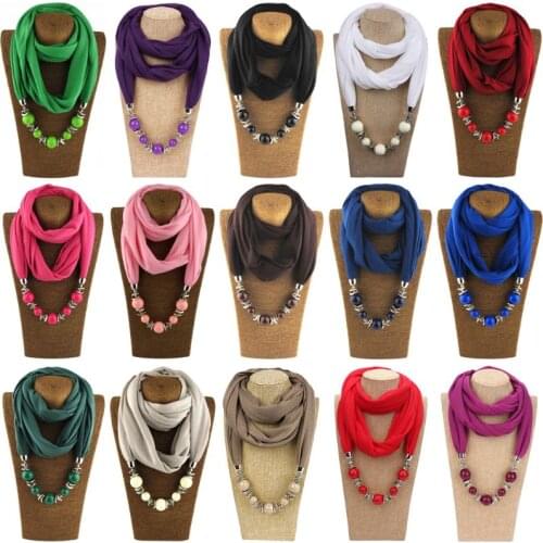 Women Fashion Neckerchief Ring Scarf Necklaces Beads Solid Color Jewelry Shawl Lady Female Casual Winter Neck Wraps Warm