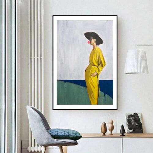 Nordic Fashion Retro Abstract Canvas Painting Art Print Yellow Woman Art Poster Picture Wall Living Room Modern Home Decor