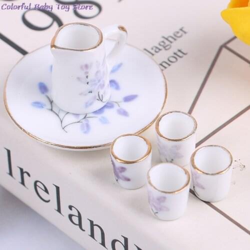 Flower Pattern Charms Dish Plate Tea Cup Set For 1/6 Scale Dollhouse House Miniature Pot Porcelain Ceramic Flower Print