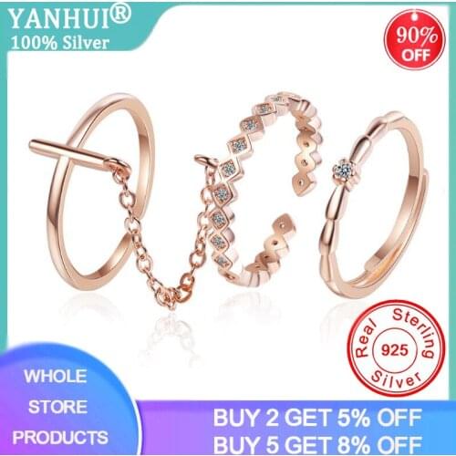 YANHUI 3PCS/SET Korea Trendy Rose Gold Chain Open Rings for Women Silver 925 Cross Ring Set Party Jewelry Gifts JZ330
