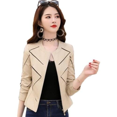 Women Leather Jacket Spring Autumn Fashion O-neck Slim Motorcycle Coat Lady Short Soft Pu Leather Biker Jacket Plus Size 4XL 44