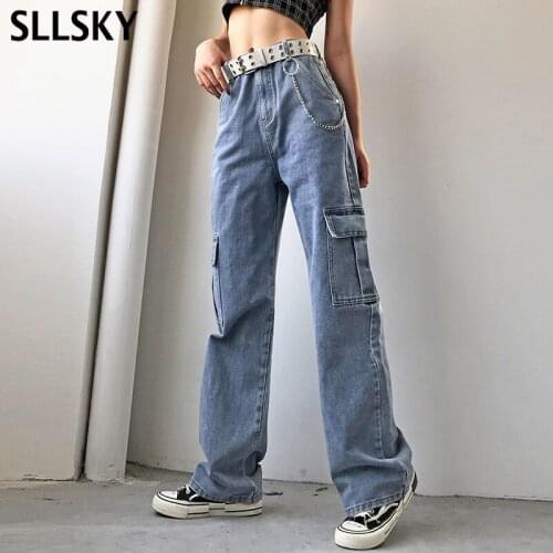 SLLSKY Pockets Patchwork High Waist Jeans Women Streetwear Straight Denim Full Length Trouses Vintage Loose Female Belt Jeans