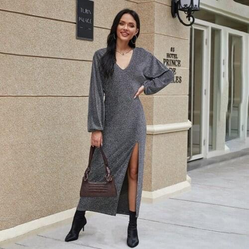 2020 Sexy V-Neck Party Woman Dress Summer Autumn Vintage Long Sleeve Solid Black Pencil Maxi Dresses for Women