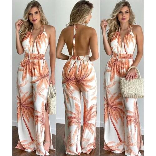 2021 Fashion Summer One Piece Outfit Tropical Print Sleeveless Backless Halter Rompers Womens Jumpsuit Monos Mujer Casual Verano