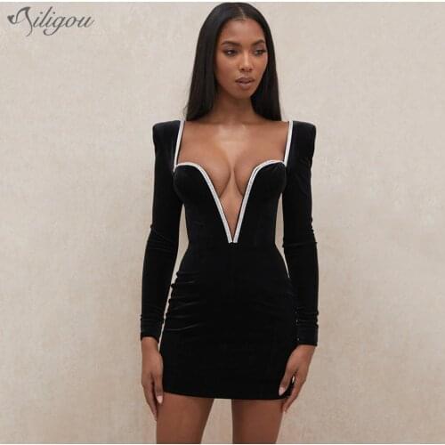 Ailigou Summer High Quality Black Sexy Celebrity Long Sleeve Deep V Neck Tight Dress Dress Elegant Club Party Dress Vestidos