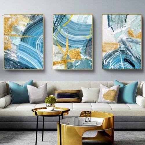 Golden Blue Abstract Canvas Painting Nordic Style Decorative Wall Art Pictures for Living Room Poster and Print Home Decor