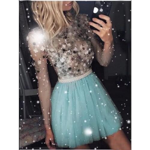 2021 Short Homecoming Dresses Beaded Handmade Flower Long Sleeves Prom Dresses Cocktail Dress